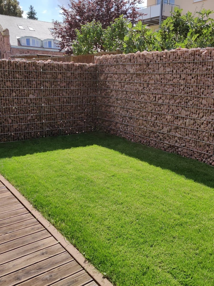 Derselbe Garten mit neuem Rollrasen und Gabionenwand